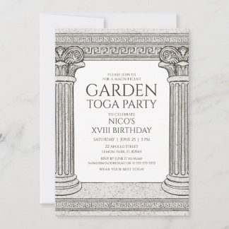 Garden Toga Party Einladung mit Steinsäulen