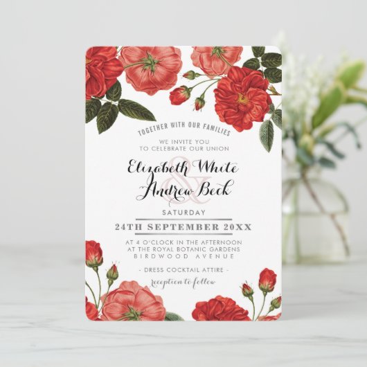 GARDEN WEDD INVITE Chic rote Rosen Blume Einladung (Stehend Vorderseite)