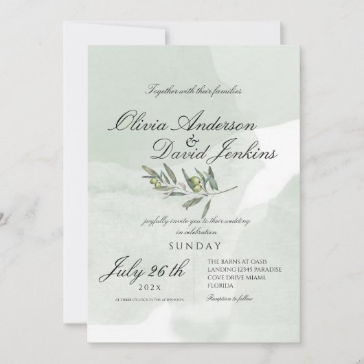 Garden Wedding Olive Flora Script Einladung (Vorderseite)