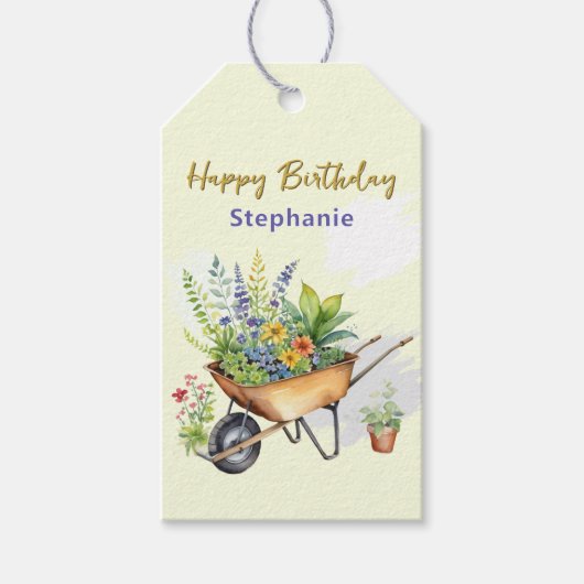 Garden Wheelbarrow mit Blume Happy Birthday Geschenkanhänger (Vorderseite)