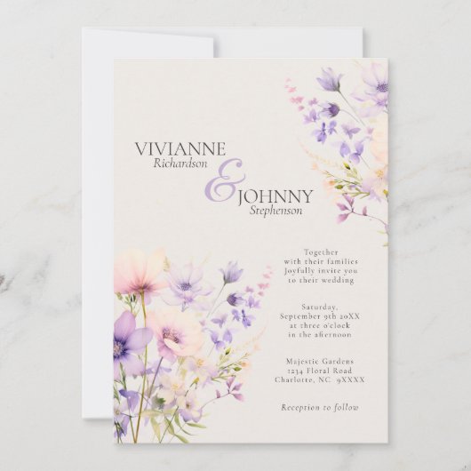 Garden Wildblumen Lavender Beige Hochzeit Einladung (Vorderseite)