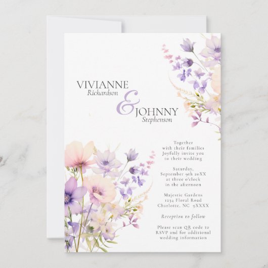 Garden Wildblumen Lavender Wedding QR Code Einladung (Vorderseite)