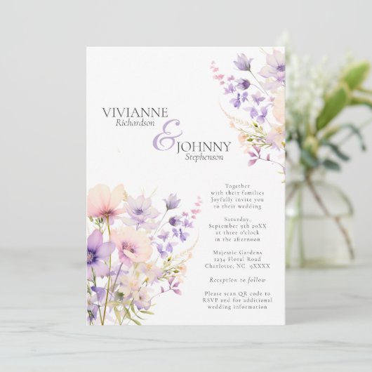 Garden Wildblumen Lavender Wedding QR Code Einladung (Stehend Vorderseite)