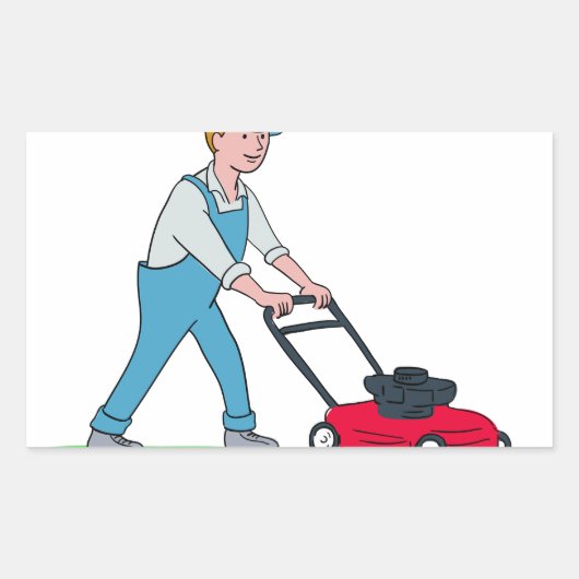 Gardener Mowing Lawn Cartoon Rechteckiger Aufkleber (Vorderseite)