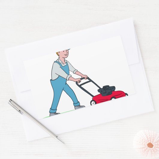 Gardener Mowing Lawn Cartoon Rechteckiger Aufkleber (Umschlag)