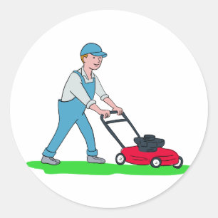 Gardener Mowing Lawn Cartoon Runder Aufkleber