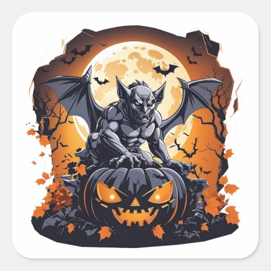 Gargoyle auf einem Halloween-Kürbis Quadratischer Aufkleber (Vorderseite)