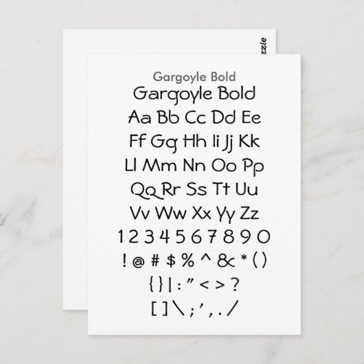 Gargoyle Bold - Zazzle Schriftart Sampler Sheet Postkarte (Vorne/Hinten)