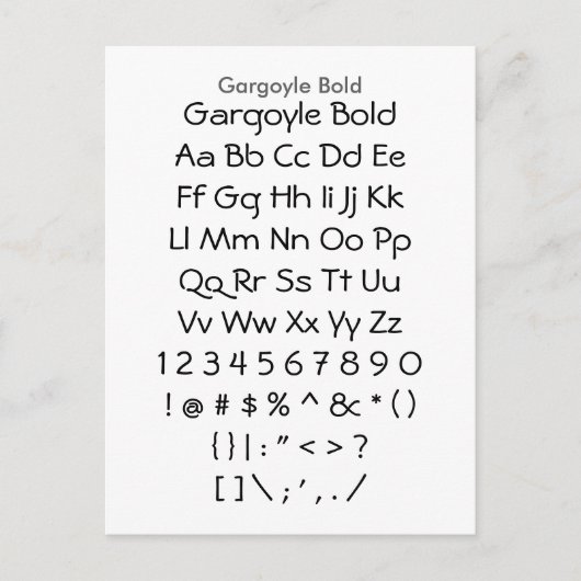 Gargoyle Bold - Zazzle Schriftart Sampler Sheet Postkarte (Vorderseite)