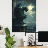Gargoyle Halloween mit Stormy Sky und Blitz Poster (Heimbüro)