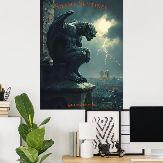 Gargoyle Halloween mit Stormy Sky und Blitz Poster (Heimbüro)