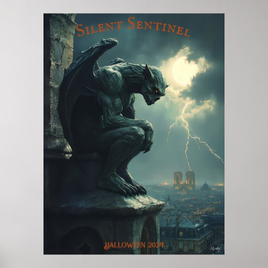 Gargoyle Halloween mit Stormy Sky und Blitz Poster (Vorne)