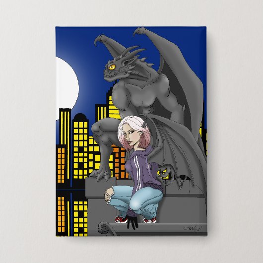Gargoyle-Stadtlandschaft in urbaner Fantasy Button (Vorderseite)