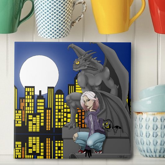 Gargoyle Urban Fantasy Cityscape Fliese
