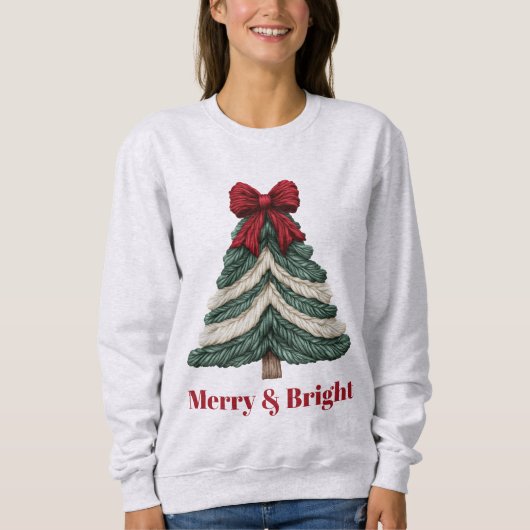 Garn-Faux-Stickerei-Christbaum-Froh-und-Hell Sweatshirt (Vorderseite)