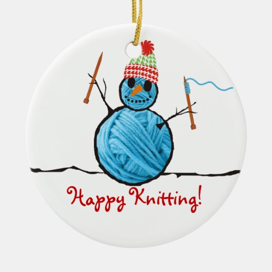 Garn-Schneemann-Stricknadeln Weihnachtsbaum Keramik Ornament (Vorne)