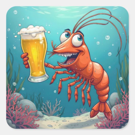 Garnelen mit einem Glas Bier unter Wasser Quadratischer Aufkleber (Vorderseite)