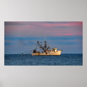 Garnelenfischen bei Sonnenuntergang Poster