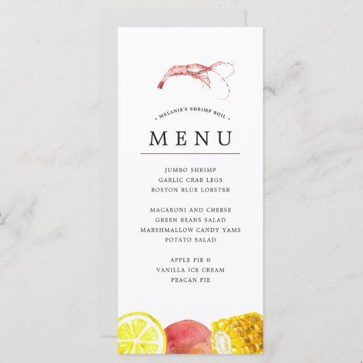 Garnelenkohle| Seafood Boil Themed Gray Menükarte (Vorne/Hinten)