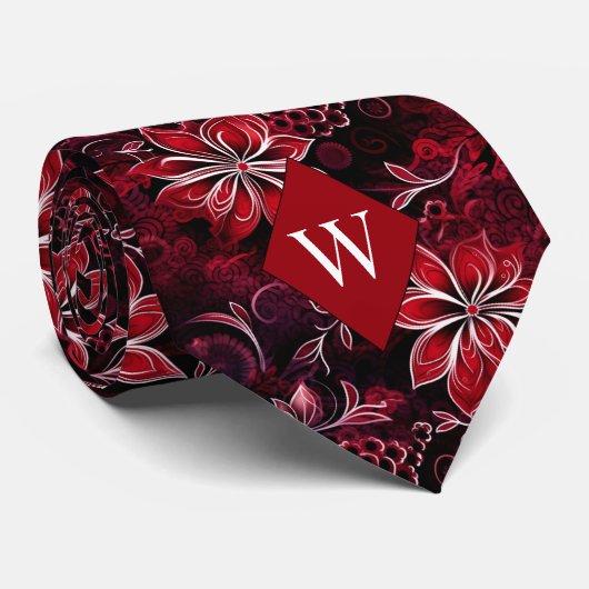 Garnet Red Floral Monogram Krawatte (Gerollt)