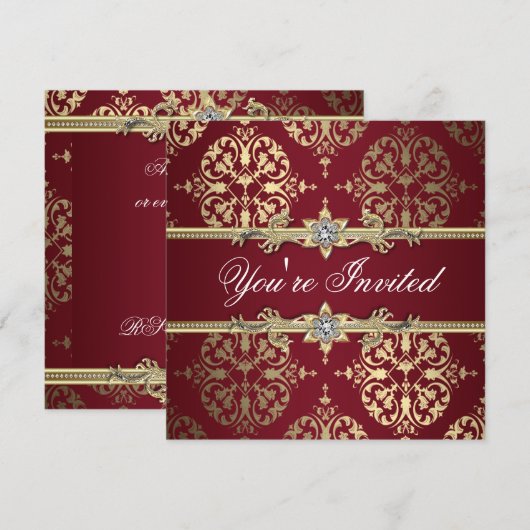 Garnet Ruby Red Gold Black Damask Party Einladung (Vorne/Hinten)