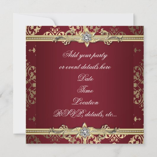 Garnet Ruby Red Gold Black Damask Party Einladung (Rückseite)