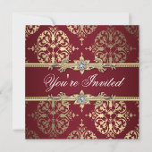 Garnet Ruby Red Gold Black Damask Party Einladung (Vorderseite)