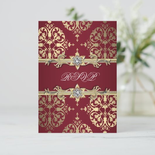 Garnet Ruby Red Gold Black Damask Party Einladung (Stehend Vorderseite)