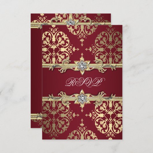 Garnet Ruby Red Gold Black Damask Party Einladung (Vorne/Hinten)