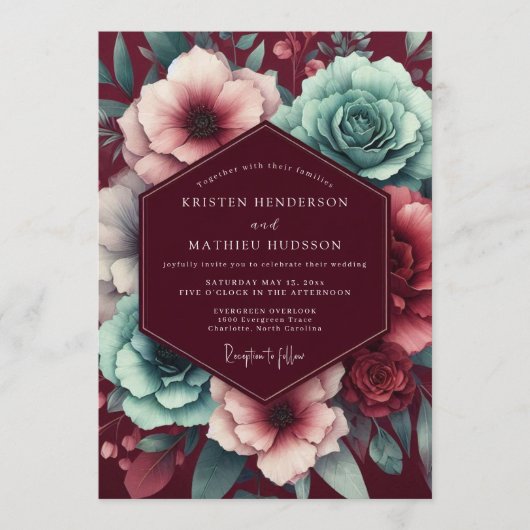 Garnet Teal Moody Bloom Wedding Einladung (Vorderseite)
