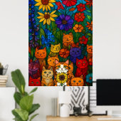Garten der Katzen Buntglas-Blumenkunst  Poster (Heimbüro)