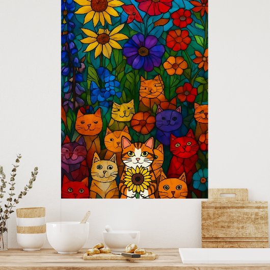 Garten der Katzen Buntglas-Blumenkunst  Poster (Küche)