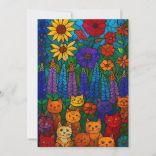 Garten der Katzen Buntglas-Katzkunst mit Blumen Mitteilungskarte