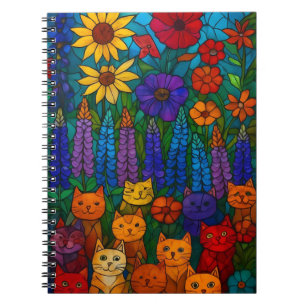 Garten der Katzen Buntglas-Katzkunst mit Blumen Notizblock
