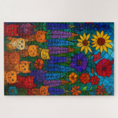 Garten der Katzen Buntglas-Katzkunst mit Blumen Puzzle (Horizontal)