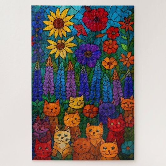 Garten der Katzen Buntglas-Katzkunst mit Blumen Puzzle (Vertikal)