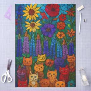 Garten der Katzen Buntglas-Katzkunst mit Blumen Seidenpapier