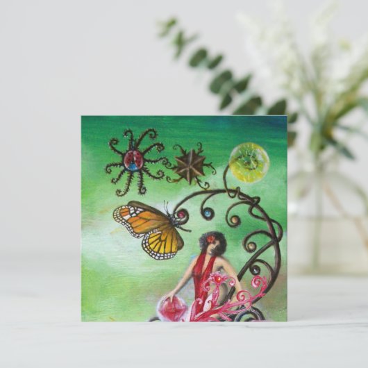 GARTEN DER MELISSA 2, hell rot, rosa grün Einladung (Stehend Vorderseite)