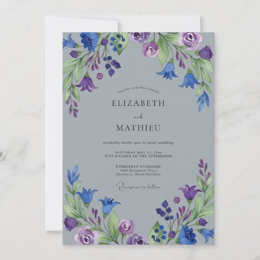 Garten Indigo Violett Gemalte Hochzeit Einladung (Vorderseite)