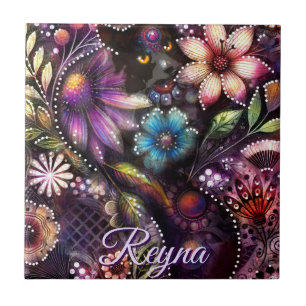 Garten-Kitty-Katze-Blumen-Abstrakt-Personalisiert Fliese