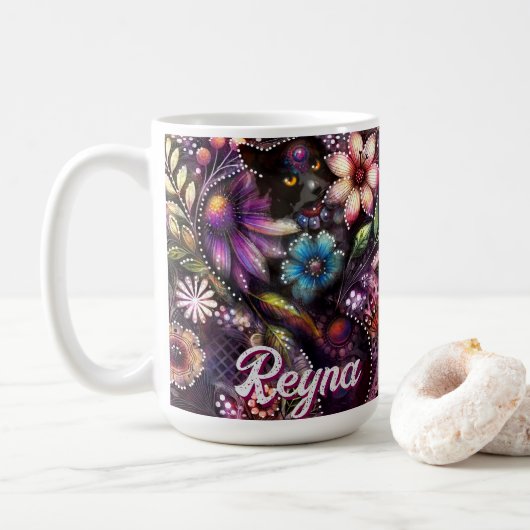 Garten-Kitty-Katze-Blumen-Abstrakt-Personalisiert Kaffeetasse (Mit Donut)