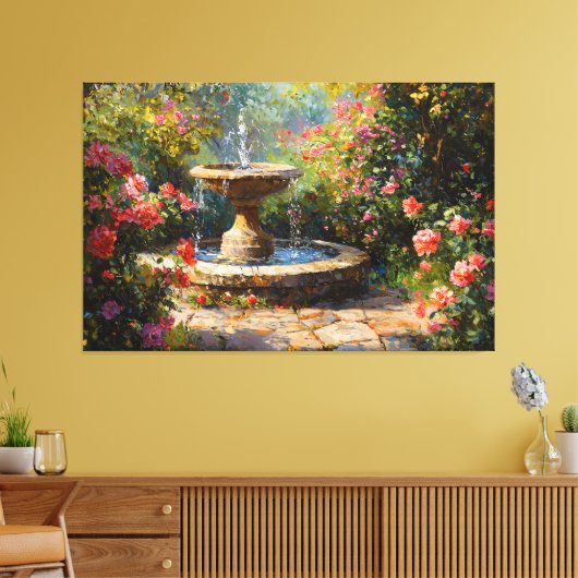 Garten mit blühenden Rose und Wasserbrunnen Leinwanddruck (Insitu (Wohnzimmer))