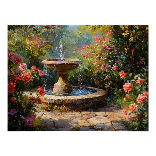 Garten mit blühenden Rose und Wasserbrunnen Poster (Vorderseite)