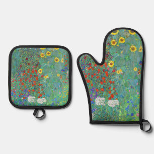 Garten mit Sonnenblumen von Gustav Klimt Ofenhandschuh & Topflappen-Set