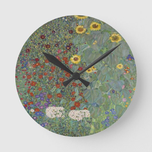 Garten mit Sonnenblumen von Gustav Klimt Runde Wanduhr (Vorderseite)