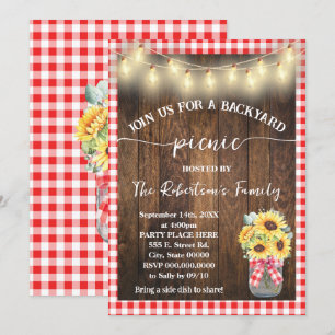 Garten-Picknick-Party Rot kariert Sonnenblumen Einladung
