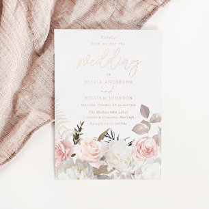 Garten-Rosa- und Weiß-Blumen-Roségoldene Hochzeit  Folieneinladung