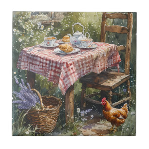 Garten-Tee-Morgen im Cottage-Wasserfarbenstil Fliese