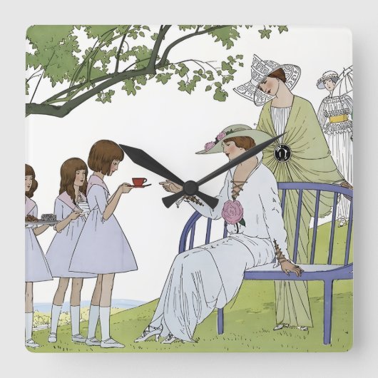 Garten-Teeparty Quadratische Wanduhr (Vorderseite)
