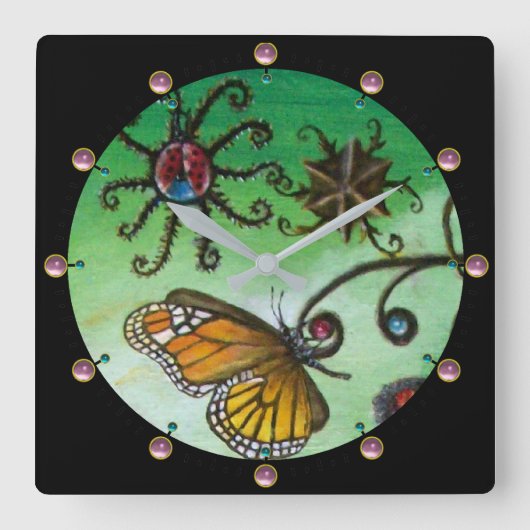 GARTEN VON MELISSA Magic Butterfly, Ladybug, Green Quadratische Wanduhr (Vorderseite)